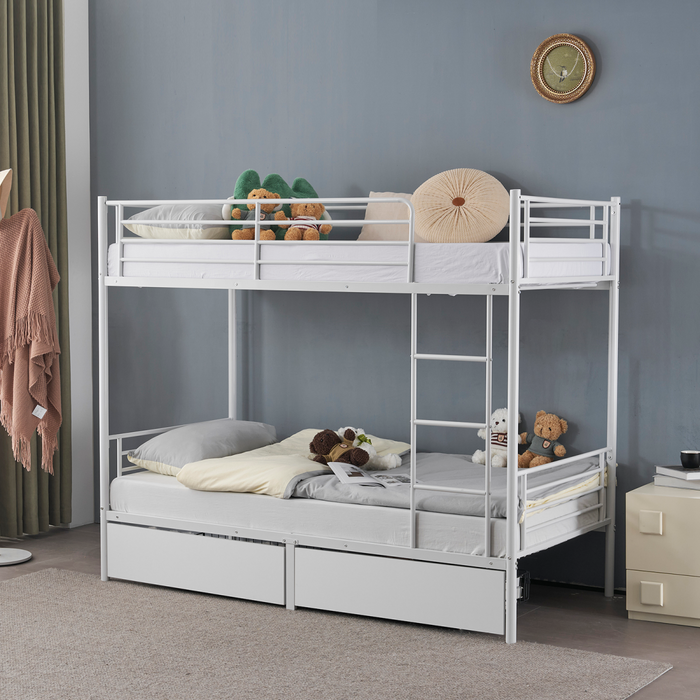 Twin Over Twin Bunk Bed with Two Storage Drawers & Full-Length Guard Rail, Heavy Duty Metal Bunk Bed for Kids Teens Adults, White