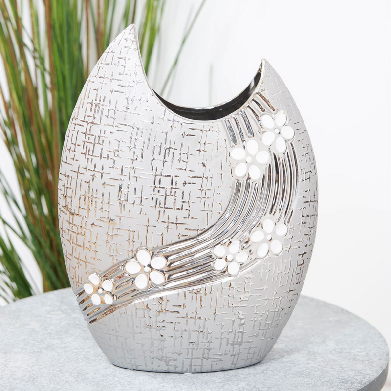 Metallic Oval Vase with White Flower 21cm