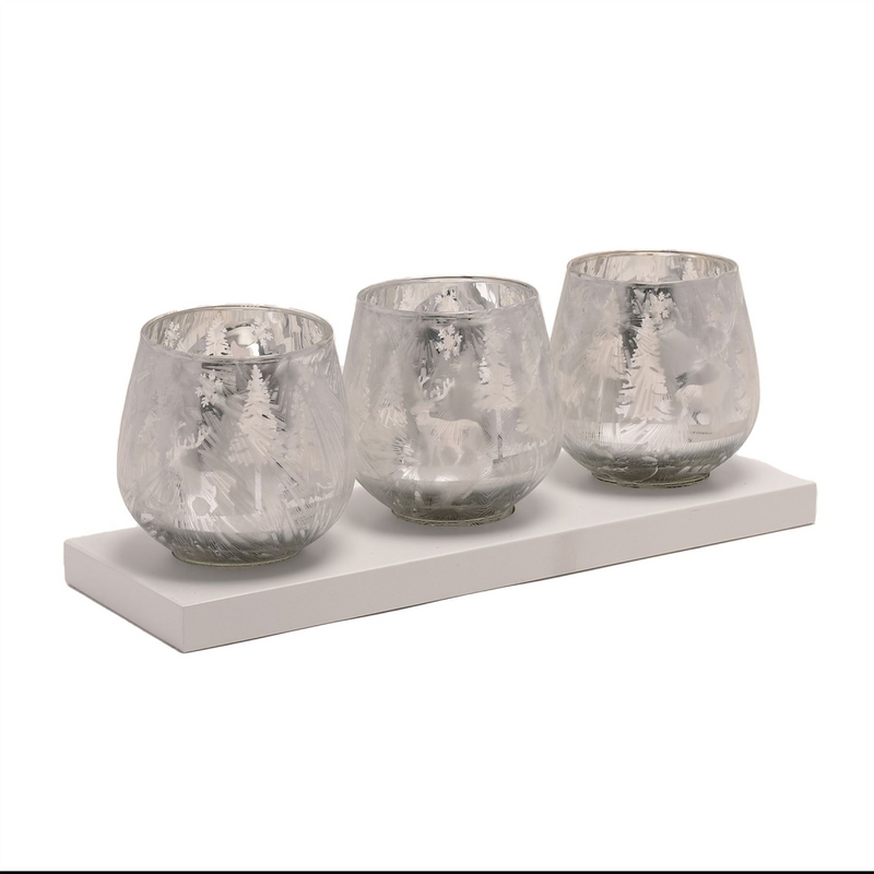 Set of 3 Frosted Haven Votives on White Wood Tray