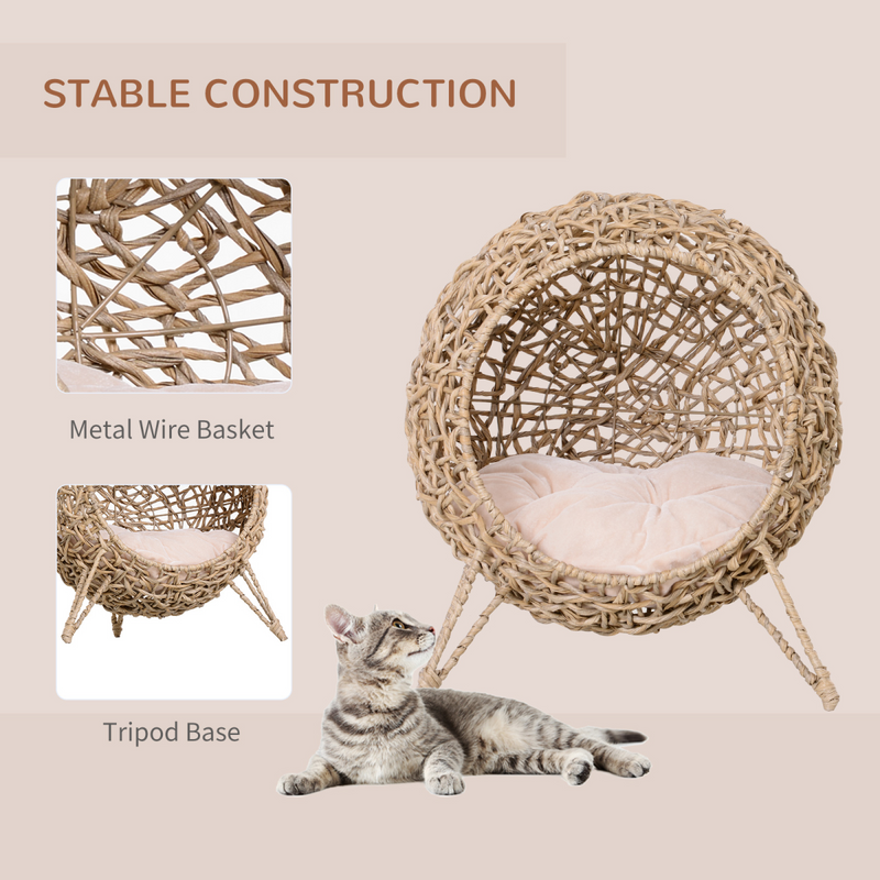 Rattan Elevated Cat House Kitten Bed Pet Furniture w/ Cushion Natural