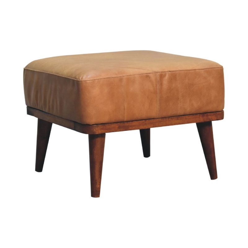 Artisan Furniture Solid Mango Wood Tan Buffalo Leather Tan Footstool