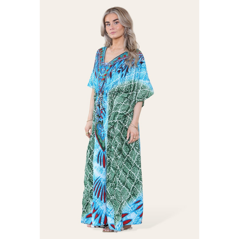 Elegant Long Caftan with Vibrant Green Geometric Print and Adjustable Cinched Waist