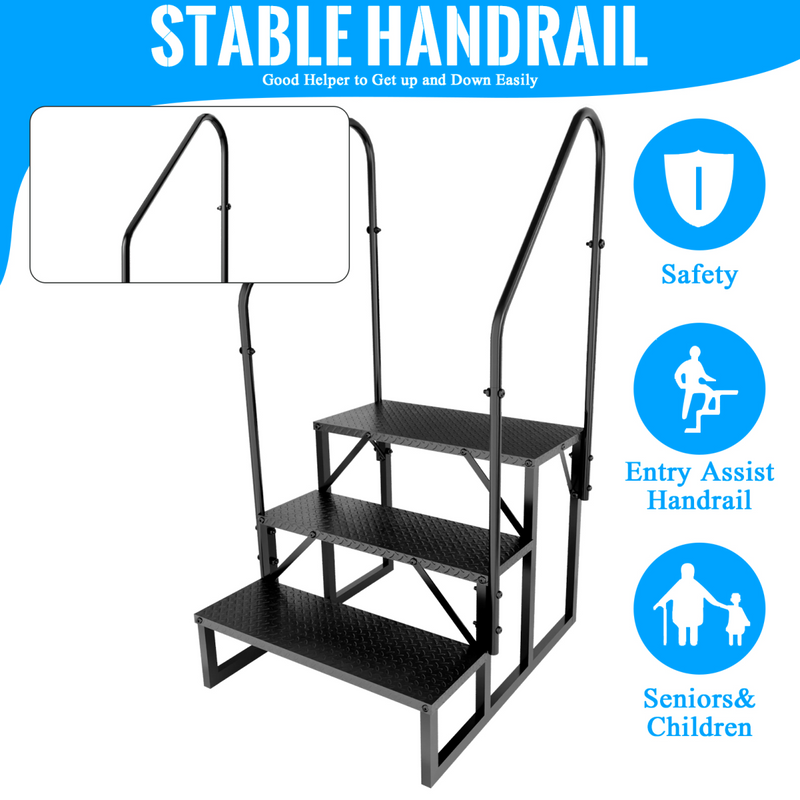 RV Step 3 Step Ladder, RV Step with Handrails, Heavy Duty RV Stairs with Anti-Slip Pedal Hot Tub Steps, Removable Camper Step for Spa/Porch/Pet/Mobile Home