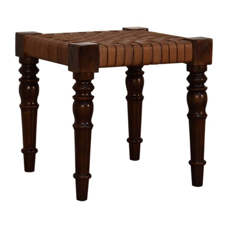 Artisan Furniture Solid Wood Woven Leather Footstool, Brown