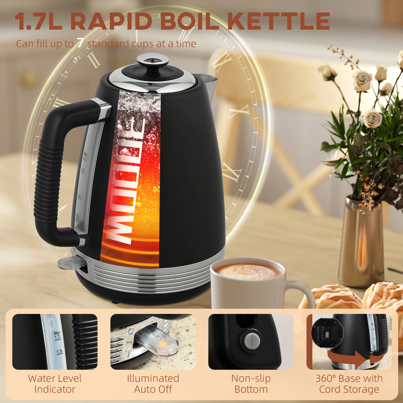 HOMCOM 1.7L 3000W Quick Boil Kettle and 4 Slice Toaster Set Crumb Tray Black