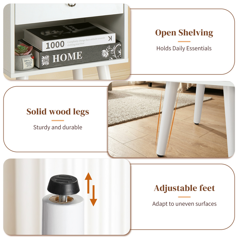 White P2 particleboard with solid wood legs, linen-textured melamine finish, and ring pull handle. 38*30*55cm. One drawer with a lower compartment. Bedside table. 1PC