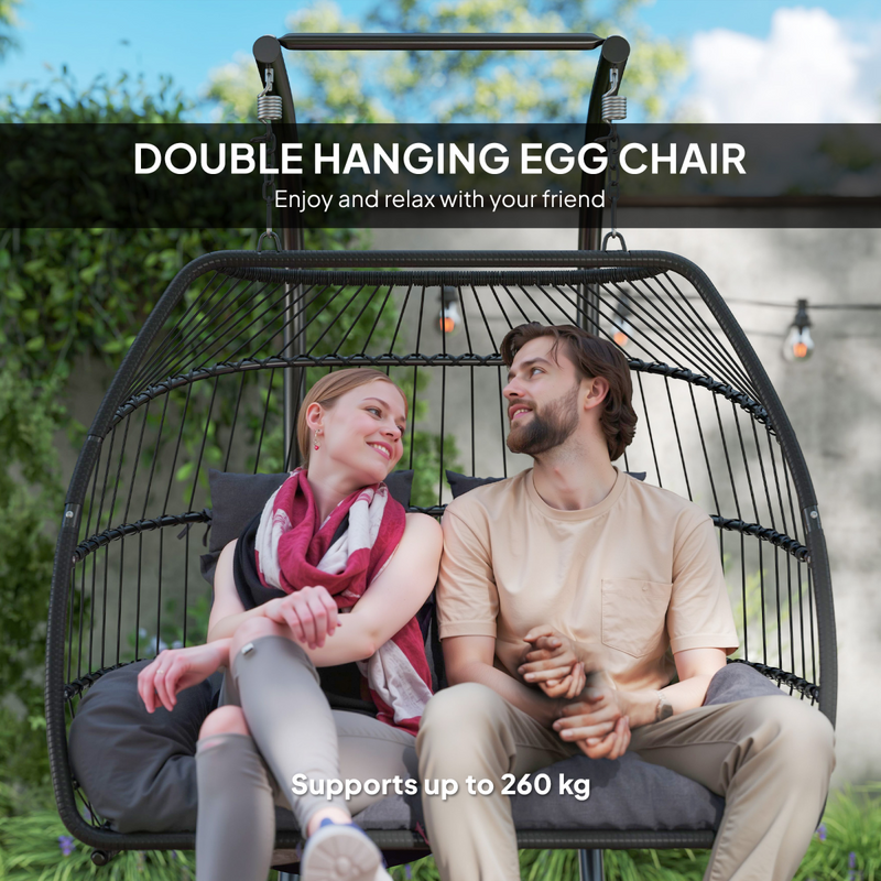Outsunny Rattan Double Hanging Egg Chair with Stand, Cushion, Dark Grey