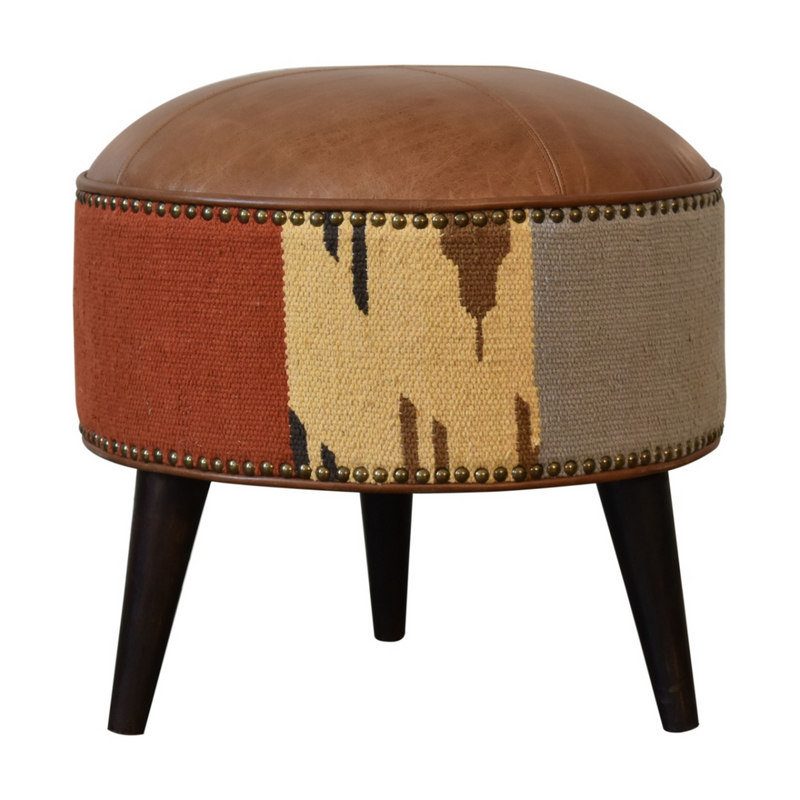 Artisan Furniture Solid Wood Durrie & Leather Mixed Footstool
