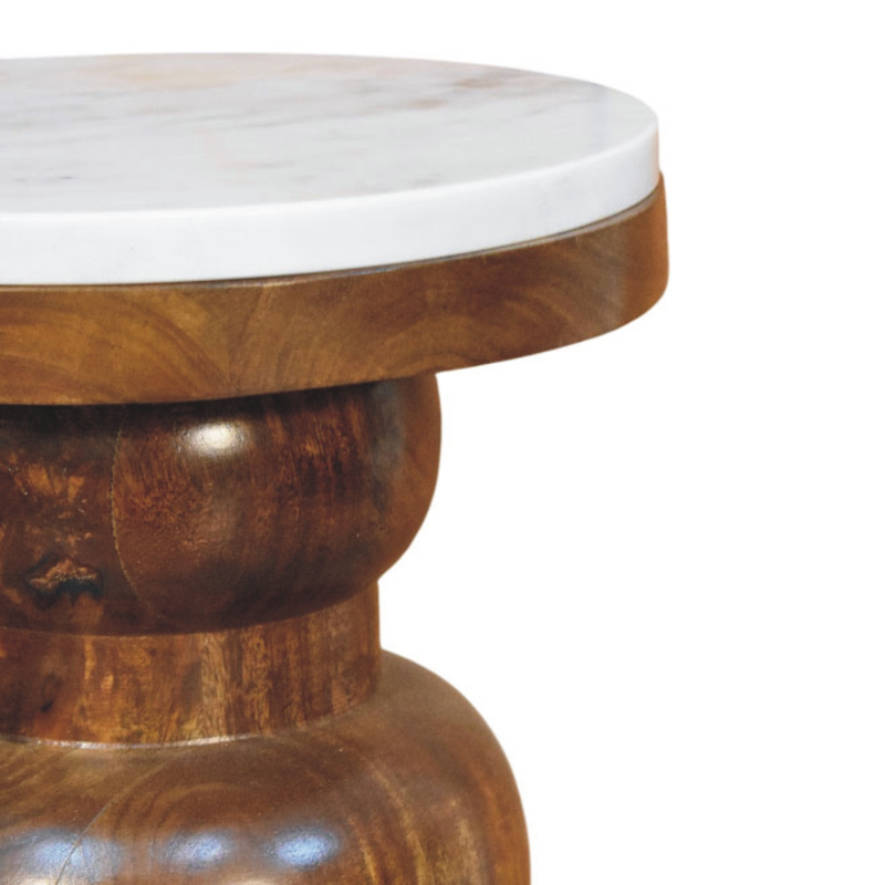 Artisan Furniture Solid Wood Marble Top Bulla Side Table, Brown & White