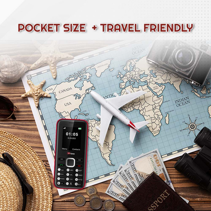 TTfone TT150 Unlocked Basic Mobile Phone UK Sim Free, Long Battery Life, Dual Sim with camera and games, easy to use, durable and light weight pay as you go - Red with Mains Charger and EE Sim Card