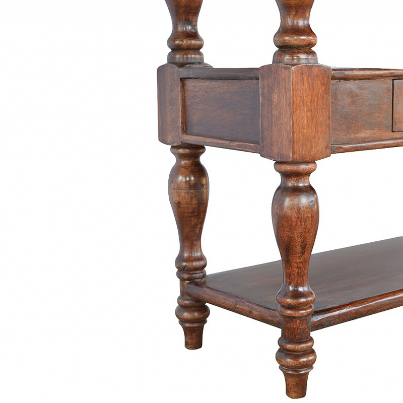 Artisan Furniture Solid Wood Turned Leg Console Table, 2 Drawers, 2 Shelves, Brown