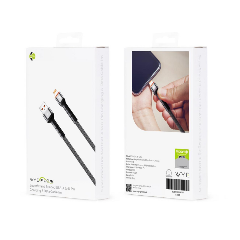 WYEFLOW SuperStrand Braided USB-A to 8-Pin Charging & Data Cable 1m