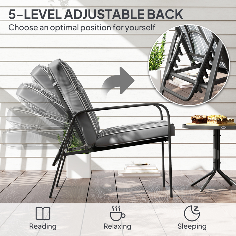 Outsunny 3-Piece Recliner Garden Chairs and Tempered Glass Table Set, Grey