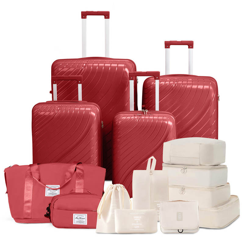 4-Piece Luggage Set with 2 Handbags & 8-Piece Toiletry Kit – Durable PP Suitcase (18in/20in/24in/28in) + 30L Travel Tote + 3L Crossbody Wash Bag – Iron Telescopic Handle – Red