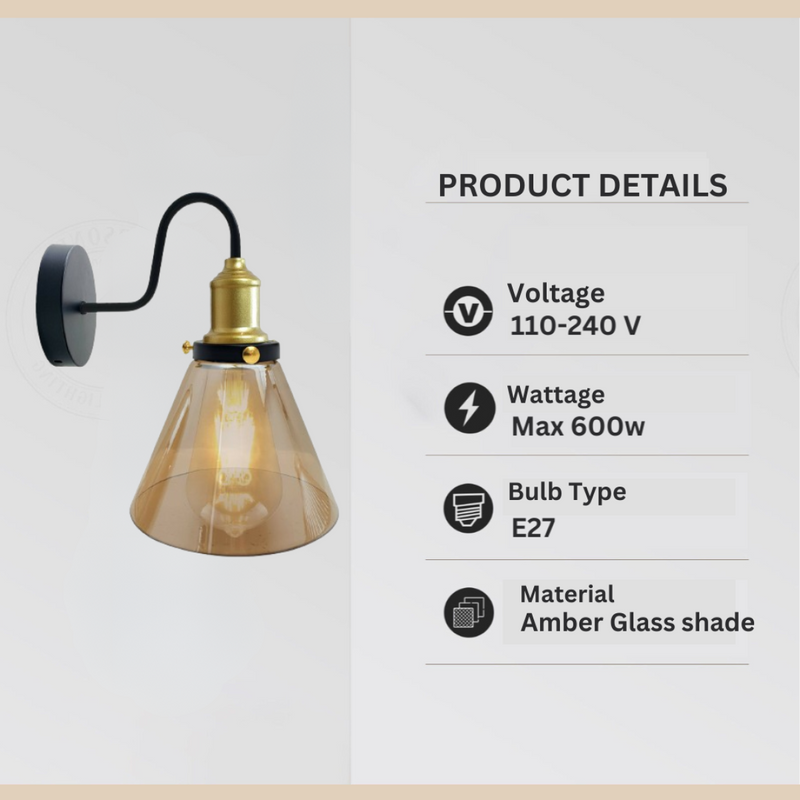 Industrial glass wall light Amber Glass cone replacement Lampshade ~1771