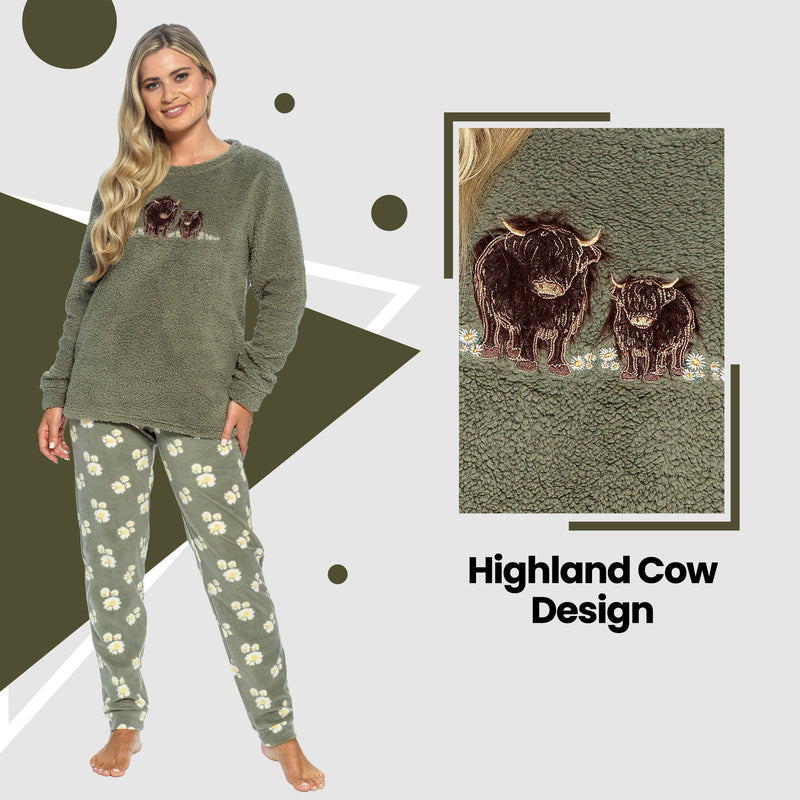 Women's Highland Cow Cotton Jersey Pyjama Set Long Sleeve Lounge Wear PJs with Elasticated Waistband by Daisy Dreamer