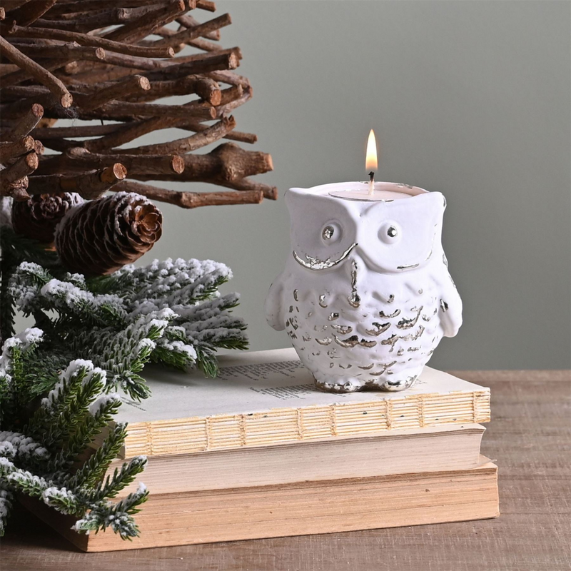 Vintage Whitewashed Owl Tealight Holder