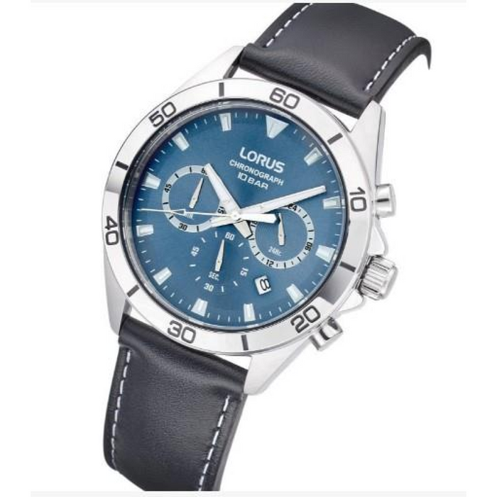 Lorus Mens Fashion Sports Chronograph Date Grey/Blue sunray Dial Black Leather strap Watch RT341KX9
