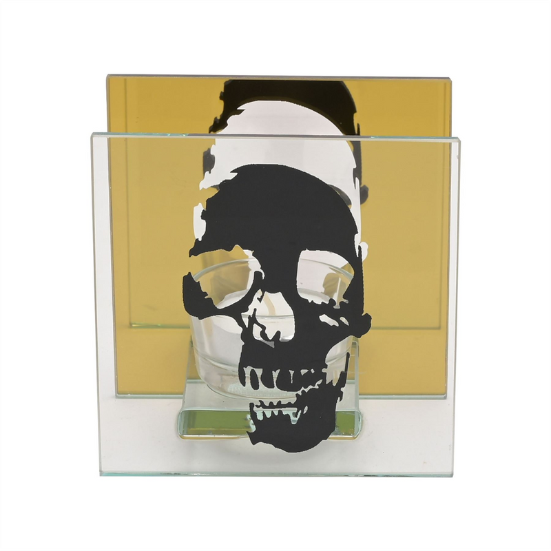 Gold and Black Mirror Skull Silhouette Tealight Holder
