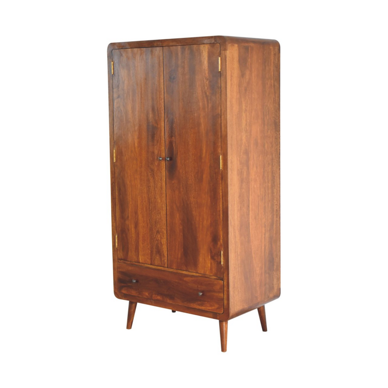 Artisan Furniture Solid Wood Curved Chestnut Wardrobe, Light Brown, 2 Doors and 1 Drawer