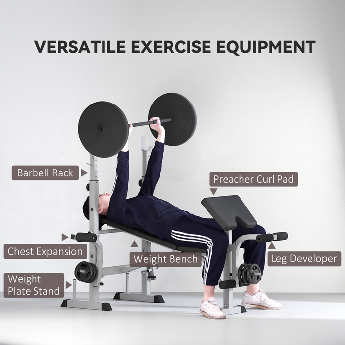 HOMCOM Adjustable Weight Bench with Squat Rack, Leg Developer, Grey