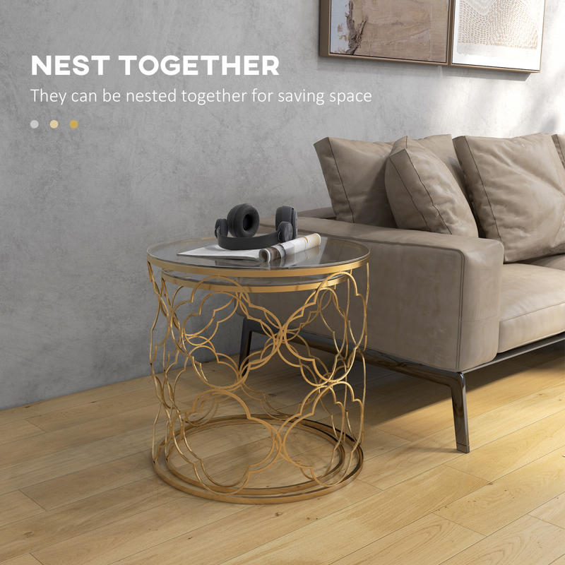 HOMCOM Nesting Tables Set of 2, Side End Table with Glass Top, Gold Tone