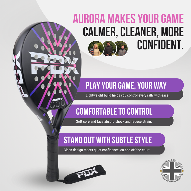 PDX Aurora Beginner Padel Racket | Complimentary Racket Carrier Bag | 30% Carbon 70% Fibreglass | 355g Round | Control