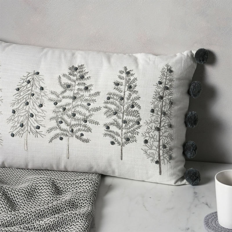 Rectangle Silver Tree Cushion with Pom Poms