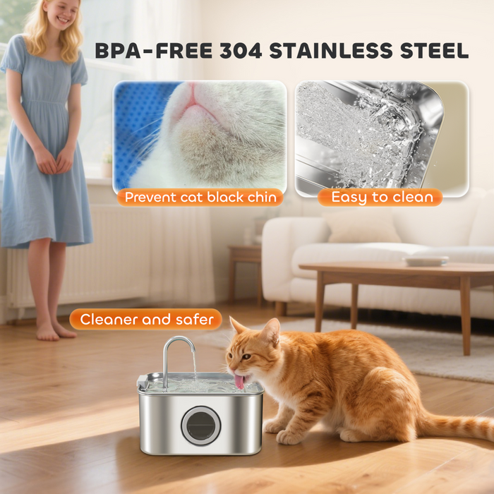 PawHut 3.2L Cat Water Fountain for Drinking Stainless Steel Ultra-Silent