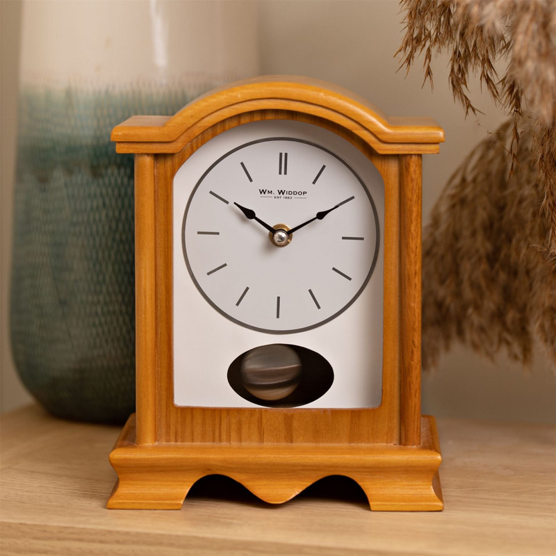Wm.Widdop Broken Arch Pendulum Mantel Clock Oak Effect