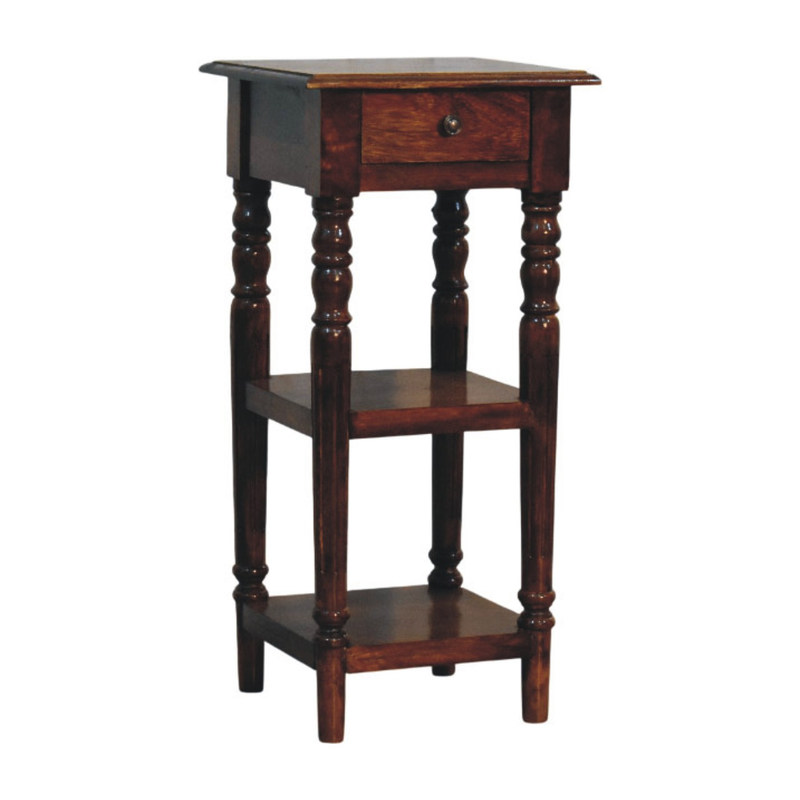 Artisan Furniture Solid Wood Tall Turned Leg Side Table, 1 Drawer & 2 Shelves, Brown