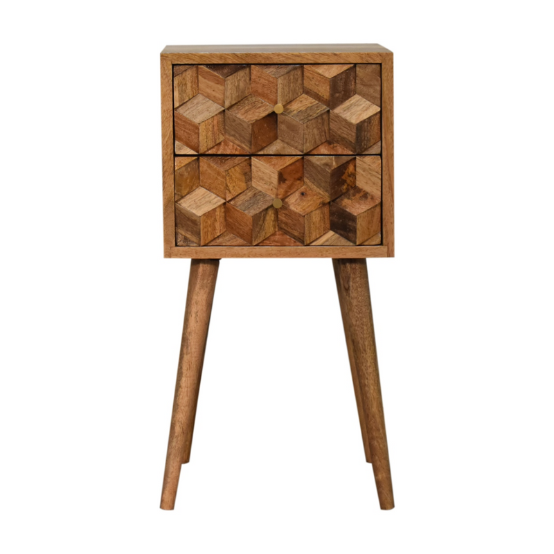 Artisan Furniture Solid Wood Mini Cube Carved 2 Drawer Bedside