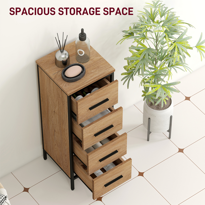HOMCOM Narrow Bathroom Storage Cabinet with 4 Drawers for Small Spaces, Oak