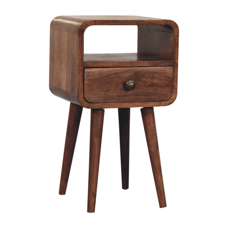 Artisan Furniture Solid Wood Mini Honey Caramel Curved Bedside, Drawer And Open Slot, Brown