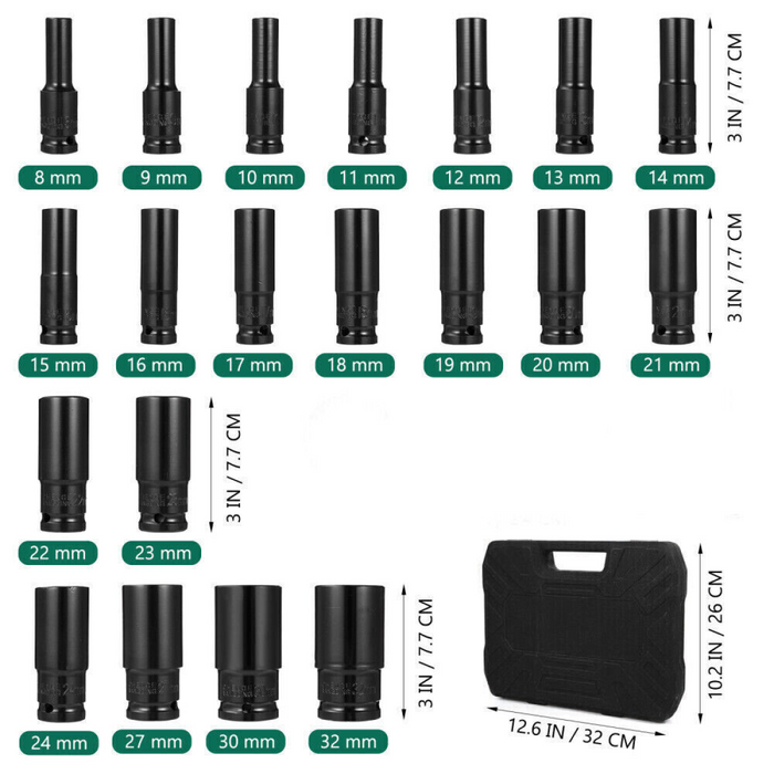 20PCS Deep Impact Socket Set 1/2 Inch Drive Metric 8 - 32mm Lifetime Warranty UK