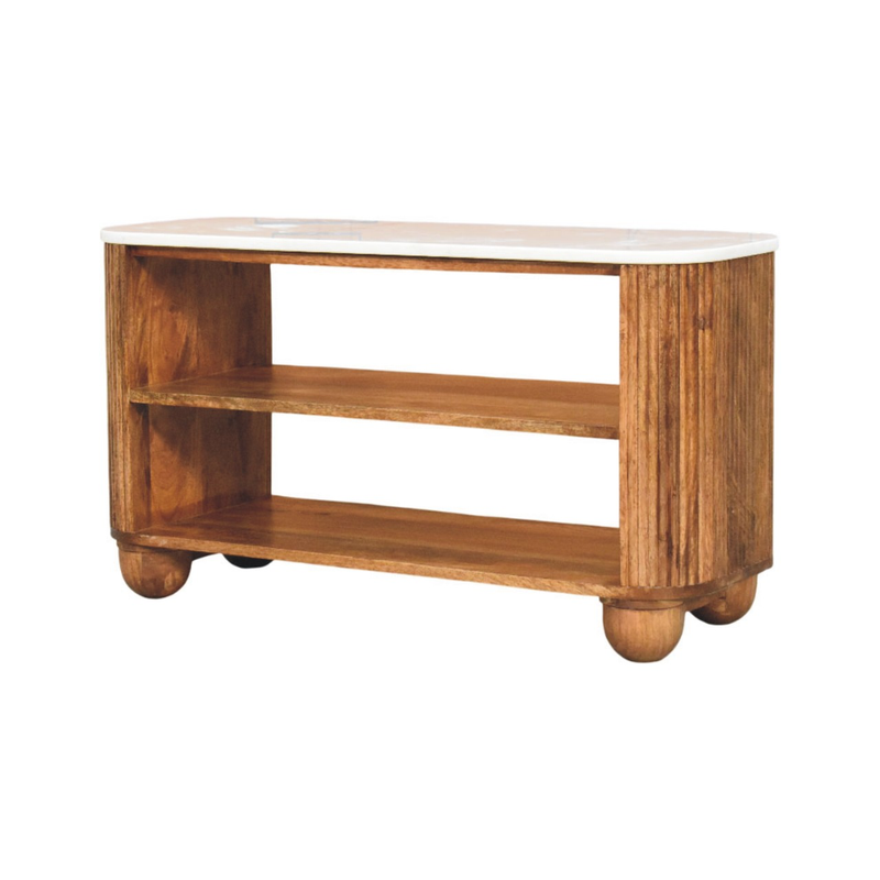 Artisan Furniture Solid Wood Beaumont Marble Shoe Bench, Top Marble, 2 Shelves, Brown & White