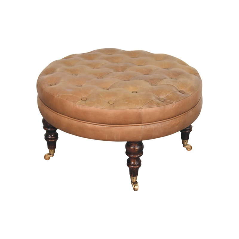 Artisan Furniture Solid Wood Brown Buffalo Leather Round Ottoman with Castor Legs, Brown