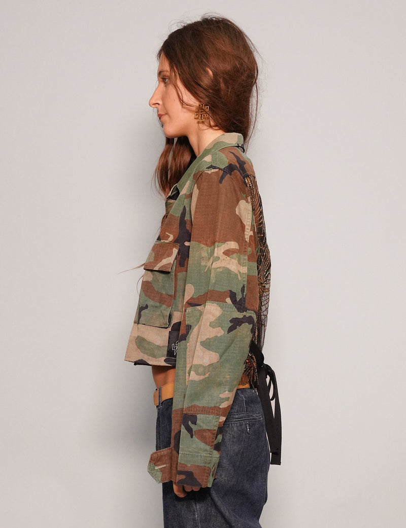 Party Back Cropped Shirt - Black Sequin - Camo