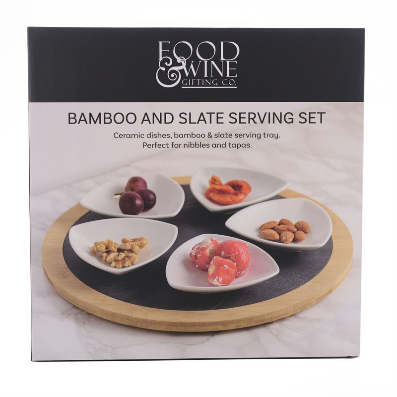 Set of 5 Ceramic Dishes with Round Slate Tray