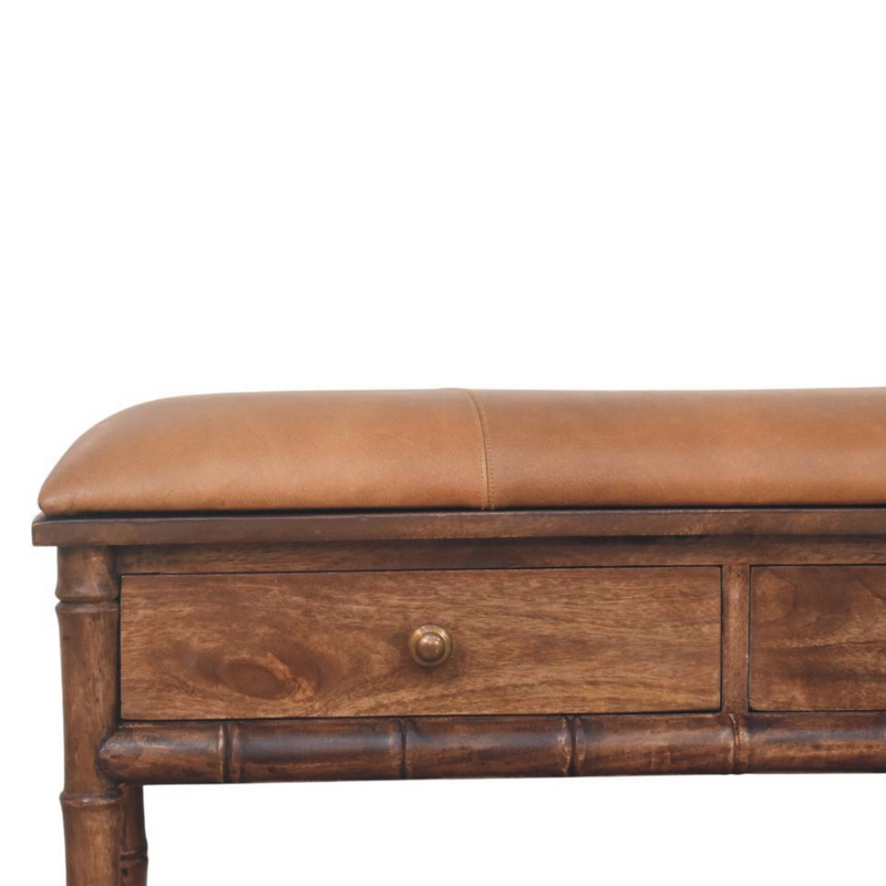Artisan Furniture Solid Wood Upholstered Bamboo Carved Storage, 2 Drawers, 1 Shelf, Brown