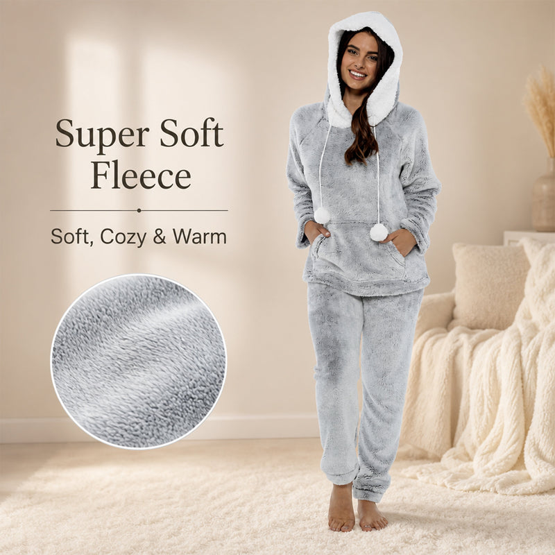Women's Plush Fleece Hooded Pyjama Set Shimmer Grey Super Soft Fabric Elasticated Waistband Sherpa Edging Cozy Sleepwear Small to X Large by Daisy Dreamer