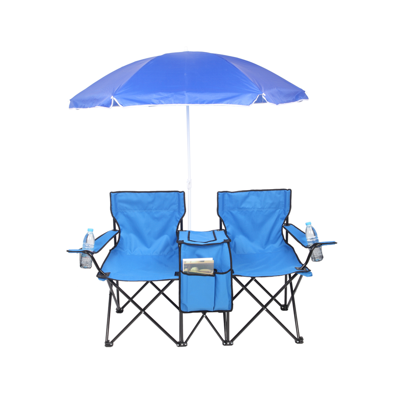 Portable Outdoor 2-Seat Folding Chair with Removable Sun Umbrella Blue