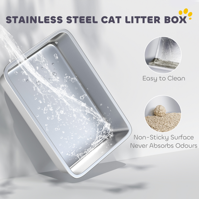 PawHut Stainless Steel Litter Box with Scoop, High Sided Cat Litter Tray