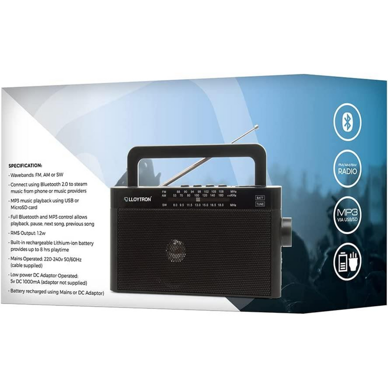 Lloytron Rhapsody Rechargeable Portable AM/FM/SW Radio with BT
