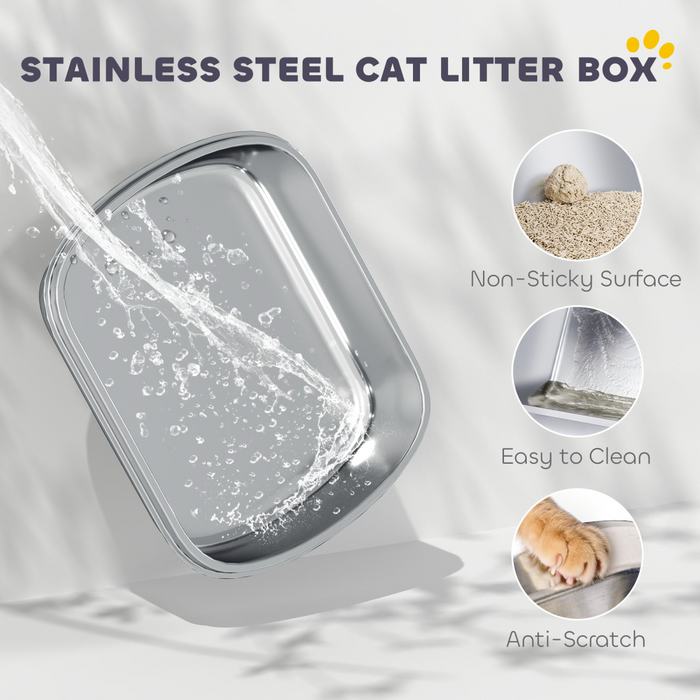 PawHut Stainless Steel Cat Litter Tray with Lid