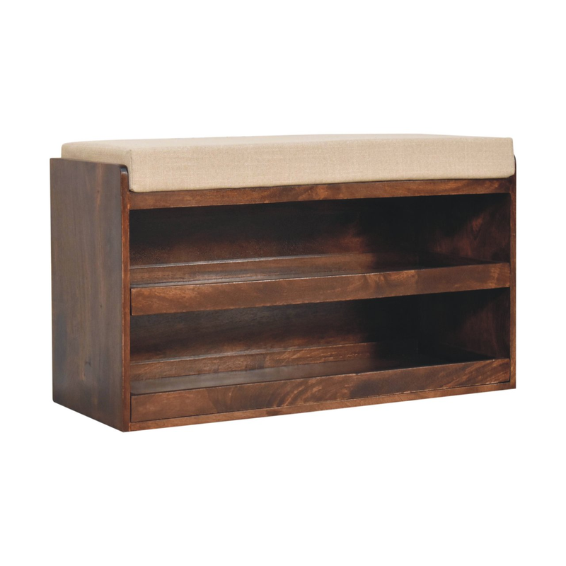 Artisan Furniture Solid Wood California Walnut & Mud Linen Pull out Shoe Bench, Upholstered, 2 Shelves, Brown