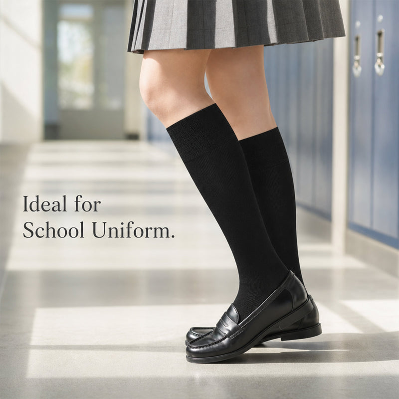 12 Pairs Girls Cotton Rich Long School Socks Durable Comfortable Breathable Sculpted Heels and Toes Sizes 9-12 12-3 4-6 Navy Grey Black White by Sock Stack