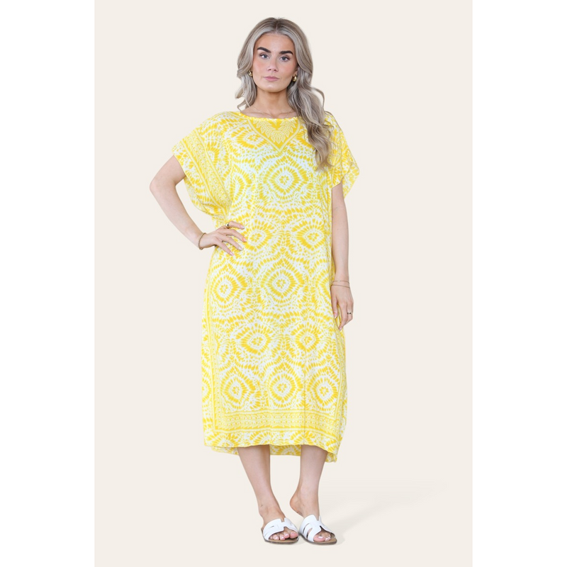 Mid-length long dress with V-neck and tie-dye print