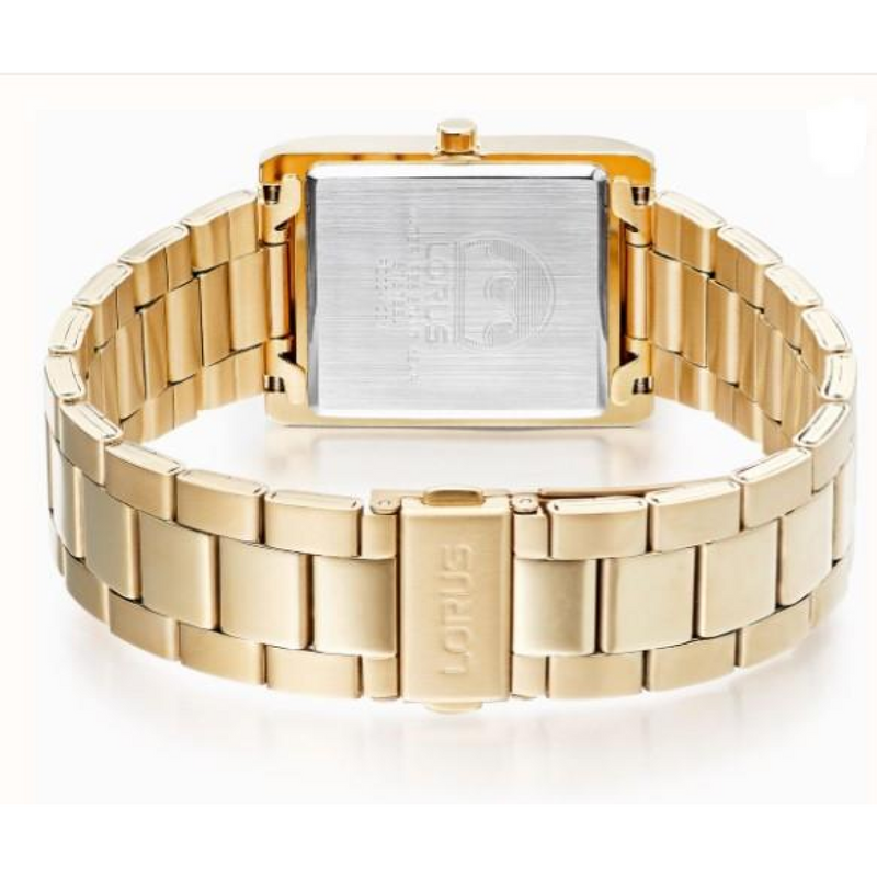 Lorus Mens Basic Fashion Rectangular Date Black Dial Gold tone Stainless Steel Bracelet Watch RH938RX9