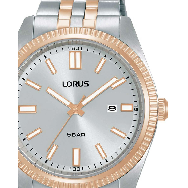 Lorus Mens Basic Fashion Date Grey Sunray Dial Two tone Rose gold and Silver Stainless Steel Bracelet Watch RH974QX9